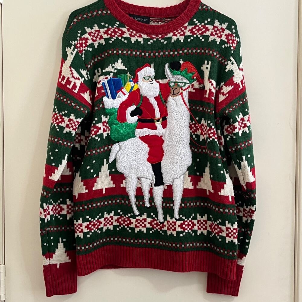 Blizzard Bay Mens 3D Sweater Santa LLama Ugly Christmas Sz M Grandpa Nordic Cozy